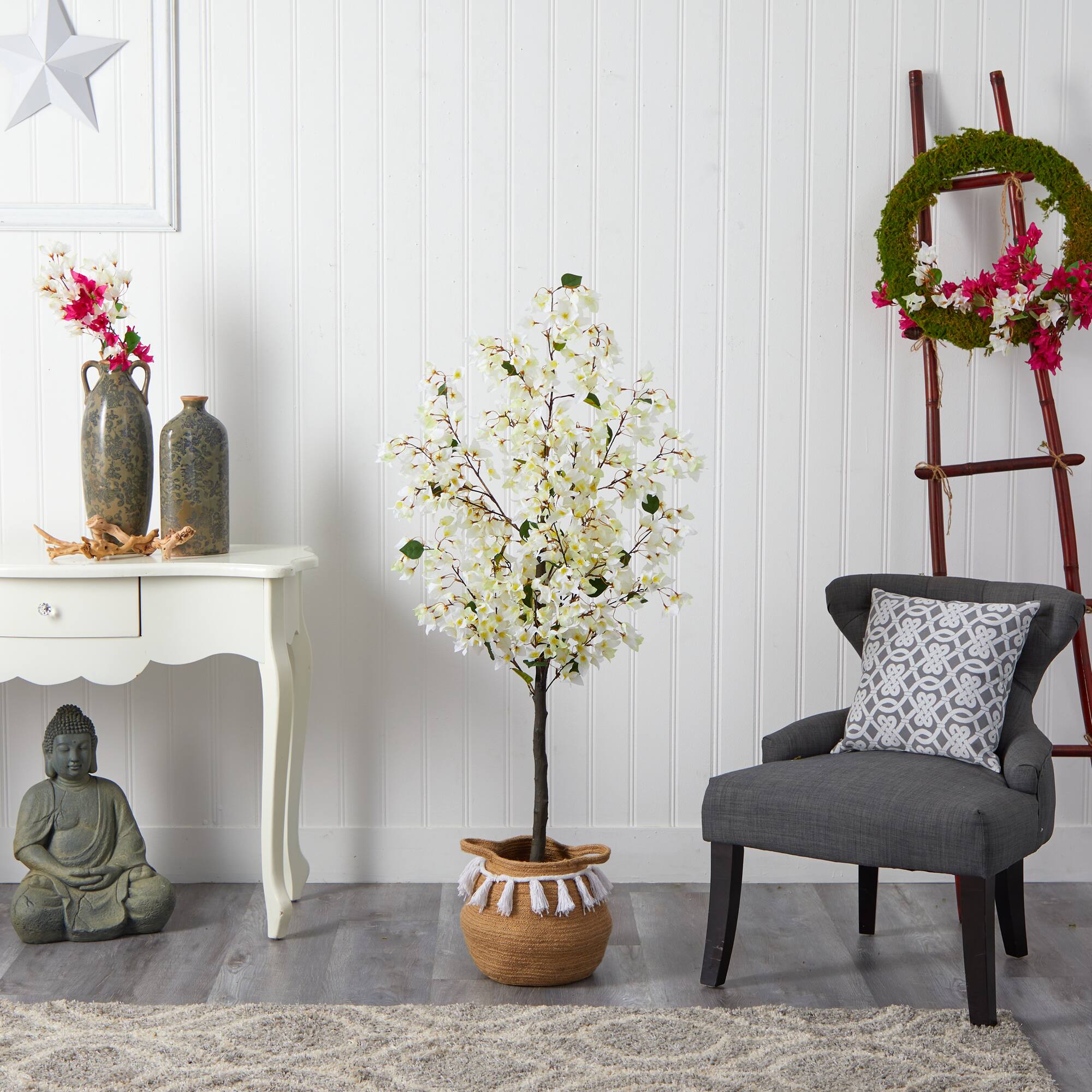 5ft. Artificial White Bougainvillea Tree with Basket